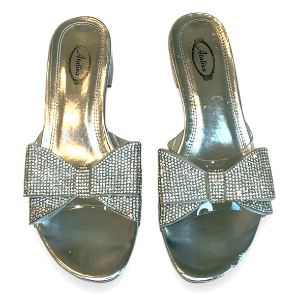 ATALINA SLIP ON SPARKLY SILVER BOW FRONT SANDALS. WOMEN’S SIZE 7.5 - Picture 2 of 7